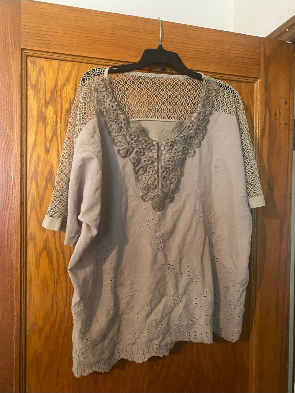 Crochet-Trim Taupe Peasant Tunic - Brand Unspecified